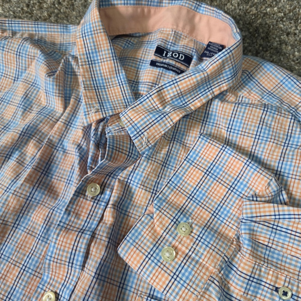 IZOD Premium Essentials Mens XXL Plaid Button Down Shirt Blue Orange Cotton